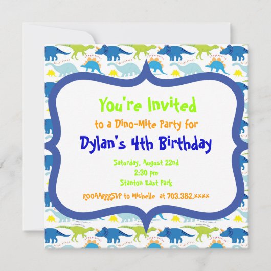 Cute Dinosaur Birthday Party Invitation Sjablonen Kaart (Voorkant)