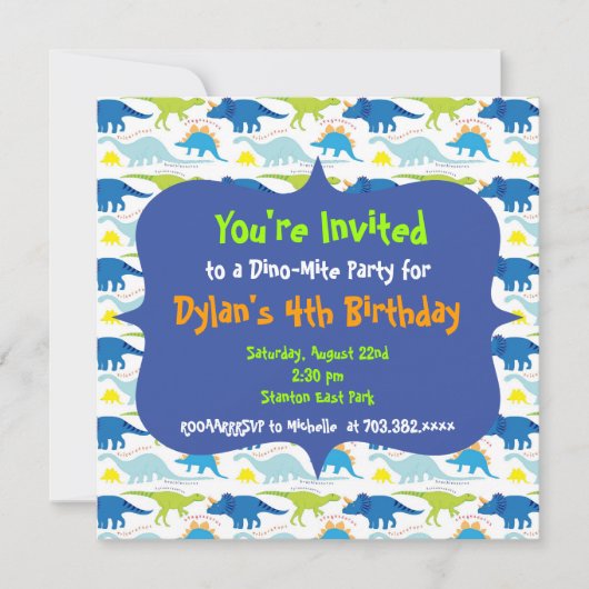 Cute Dinosaur Birthday Party Invitation Sjablonen Kaart (Voorkant)