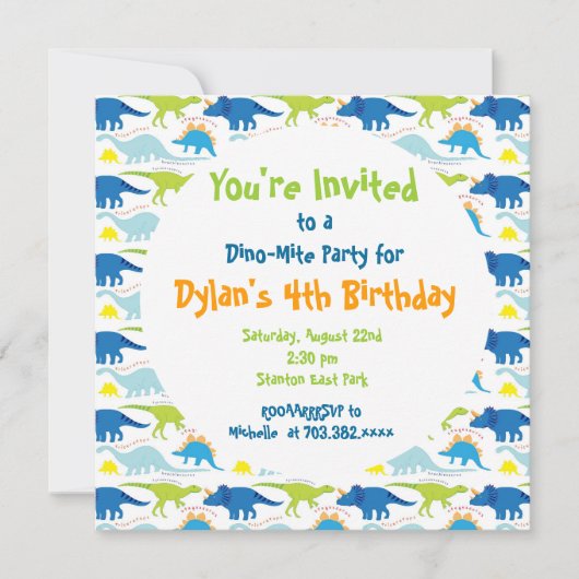 Cute Dinosaur Birthday Party Invitation Sjablonen Kaart (Voorkant)