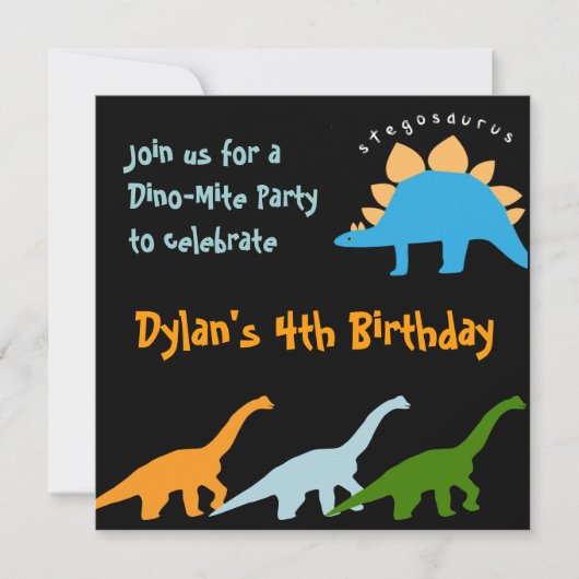 Cute Dinosaur Birthday Party Invitations Black Kaart (Voorkant)