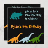 Cute Dinosaur Birthday Party Invitations Black Kaart (Voorkant / Achterkant)