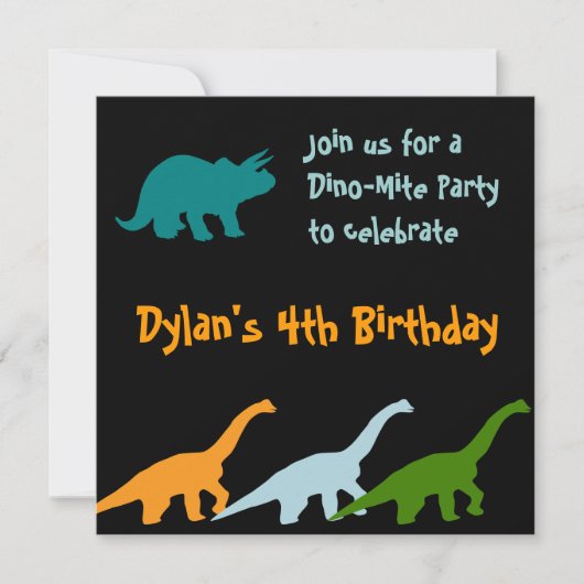 Cute Dinosaur Birthday Party Invitations Black Kaart (Voorkant)