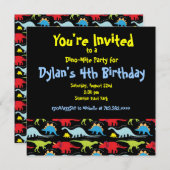 Cute Dinosaur Birthday Party Invitations Black Kaart (Voorkant / Achterkant)