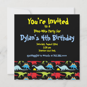 Cute Dinosaur Birthday Party Invitations Black Kaart