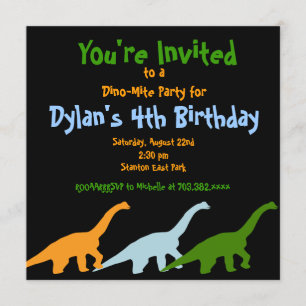 Cute Dinosaur Birthday Party Invitations Black Kaart