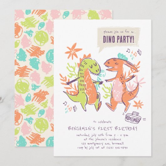 Cute Dinosaur Birthday Party Kaart (Voorkant / Achterkant)