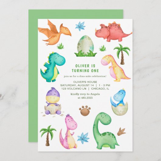 Cute Dinosaur Birthday Party Kaart (Voorkant / Achterkant)