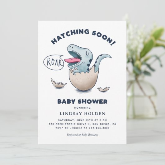 Cute Dinosaur Boy Baby shower Hatching Snel Kaart (Staand voorkant)