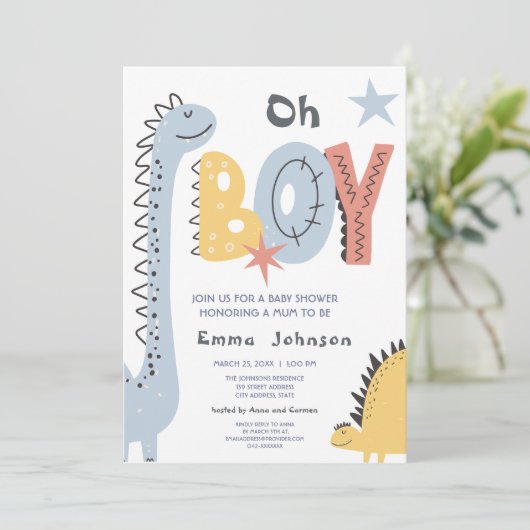 Cute Dinosaur Boy Baby shower Kaart (Staand voorkant)