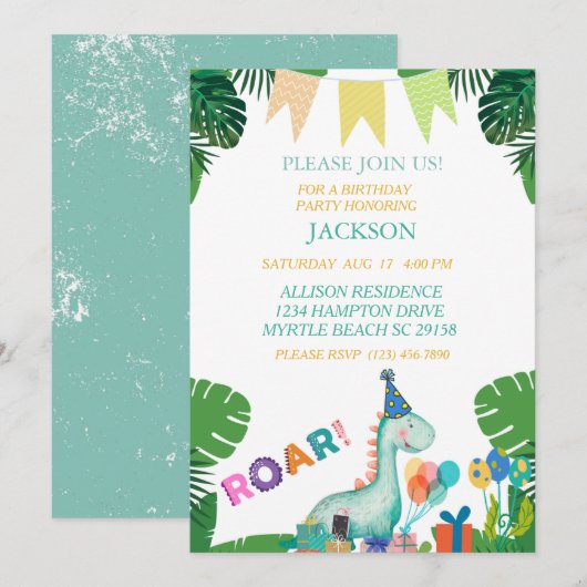 Cute Dinosaur Boys Birthday Party Invitation Kaart (Voorkant / Achterkant)