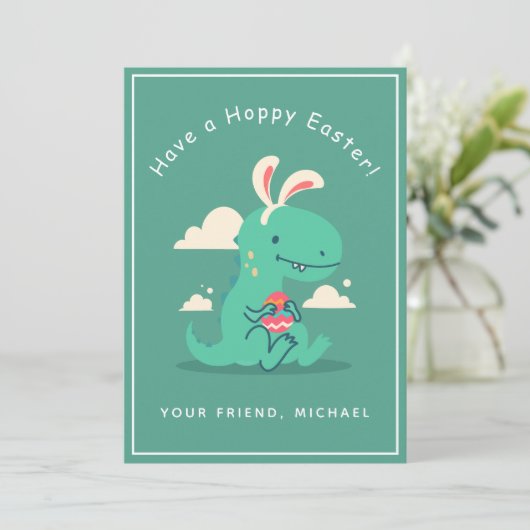 Cute Dinosaur Bunny Rabbit Ear Easter Boy's Friend Feestdagenkaart (Staand voorkant)
