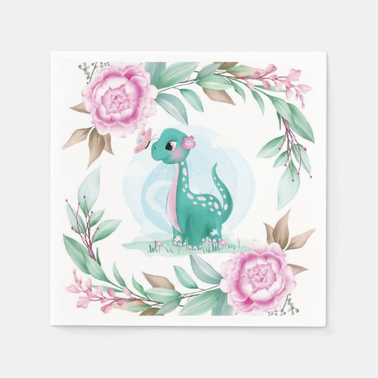 Cute Dinosaur Butterfly Pink Peony Baby shower Servet (Voorkant)