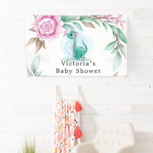 Cute Dinosaur Butterfly Pink Peony Baby shower Spandoek (Insitu)