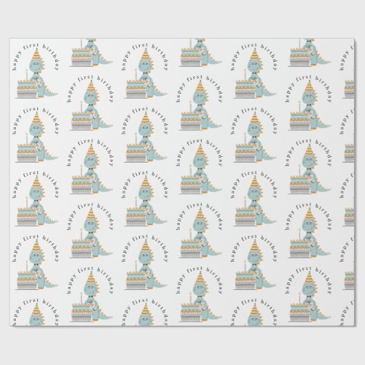 Cute Dinosaur Cake Happy 1st Birthday Cadeaupapier (Vlak)