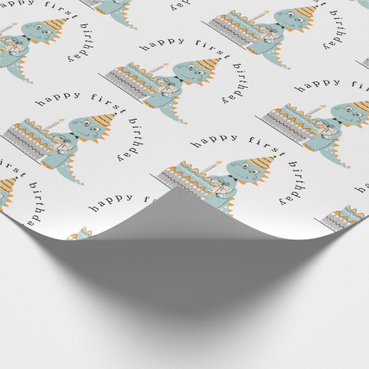 Cute Dinosaur Cake Happy 1st Birthday Cadeaupapier (Hoek)