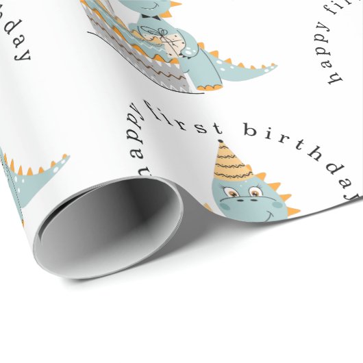 Cute Dinosaur Cake Happy 1st Birthday Cadeaupapier (Rol Hoek)