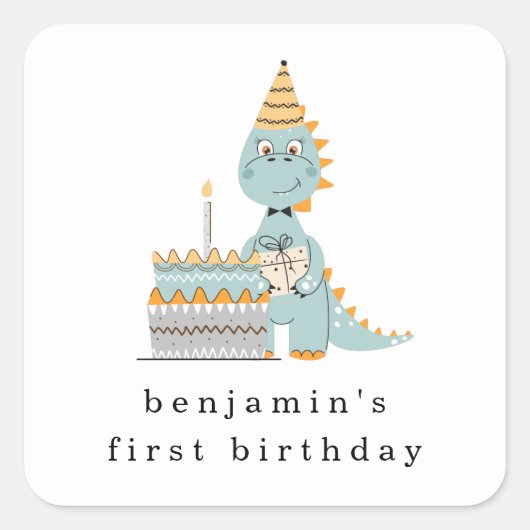 Cute Dinosaur Cake Name 1st Birthday Party Vierkante Sticker (Voorkant)