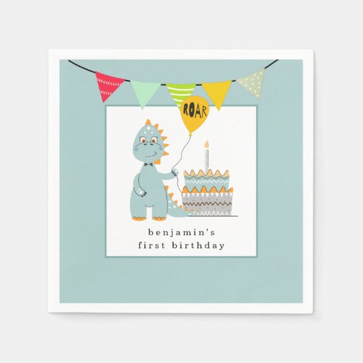 Cute Dinosaur Cake Powder Blue First Birthday Servet (Voorkant)
