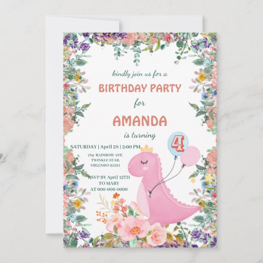 Cute dinosaur crown flora Birthday Party Kaart (Voorkant)