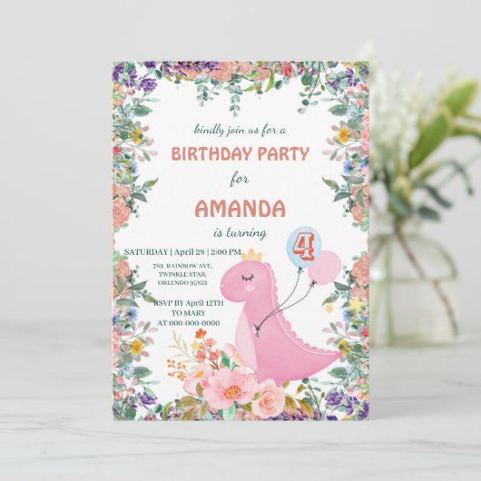 Cute dinosaur crown flora Birthday Party Kaart (Staand voorkant)