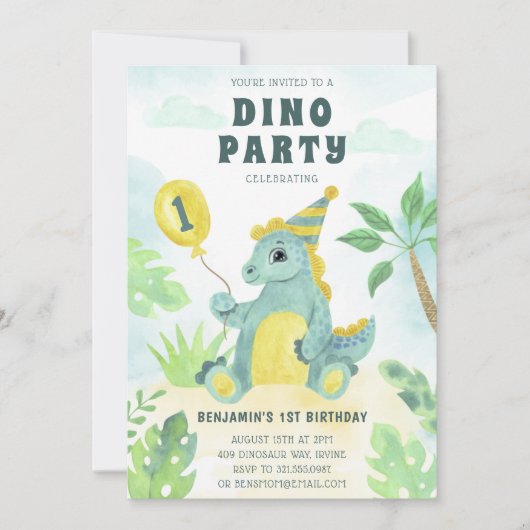 Cute Dinosaur Dino Party Boy First Birthday Kaart (Voorkant)