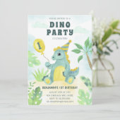 Cute Dinosaur Dino Party Boy First Birthday Kaart (Staand voorkant)