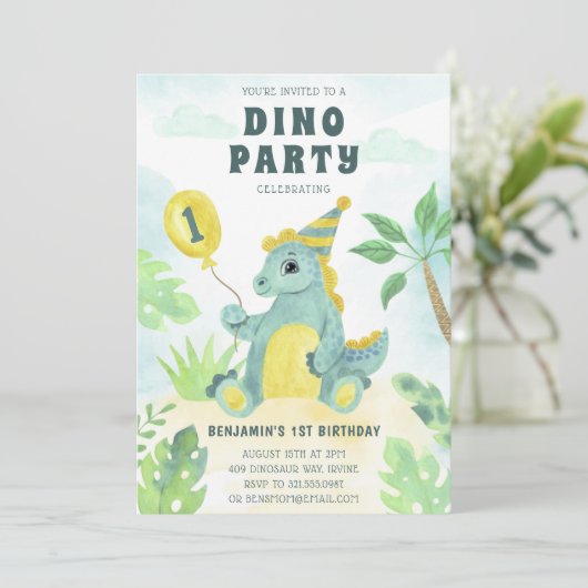 Cute Dinosaur Dino Party Boy First Birthday Kaart (Staand voorkant)