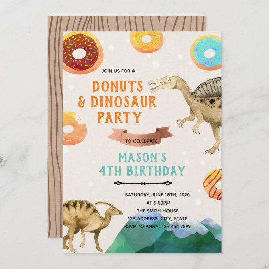 Cute dinosaur donut boy party kaart (Voorkant / Achterkant)