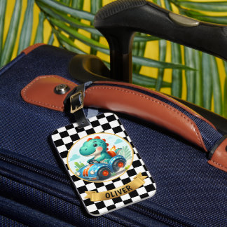 Cute Dinosaur Driving a Race Car Bagagelabel