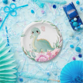 Cute Dinosaur en Pink Peonies Baby shower Papieren Bordje (Feest)