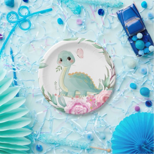 Cute Dinosaur en Pink Peonies Baby shower Papieren Bordje (Feest)