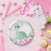 Cute Dinosaur en Pink Peonies Baby shower Papieren Bordje (Feest)