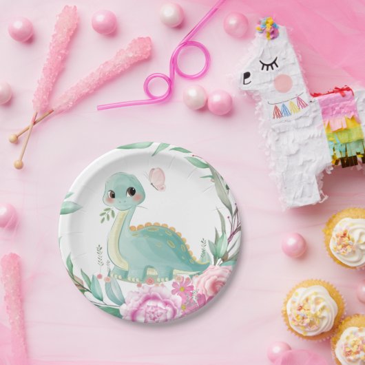 Cute Dinosaur en Pink Peonies Baby shower Papieren Bordje (Feest)