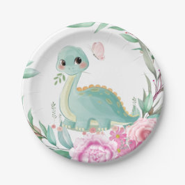 Cute Dinosaur en Pink Peonies Baby shower Papieren Bordje