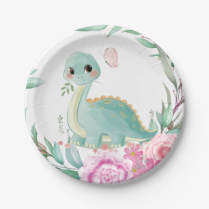 Cute Dinosaur en Pink Peonies Baby shower Papieren Bordje