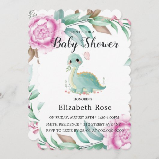 Cute Dinosaur en Pink Peony Baby shower Invites Kaart (Voorkant / Achterkant)