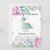 Cute Dinosaur en Pink Peony Baby shower Invites Kaart (Voorkant)