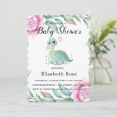 Cute Dinosaur en Pink Peony Baby shower Invites Kaart (Staand voorkant)
