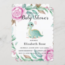 Cute Dinosaur en Pink Peony Baby shower Invites