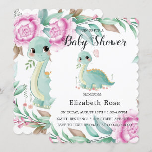 Cute Dinosaur en Pink Peony Baby shower Invites Kaart