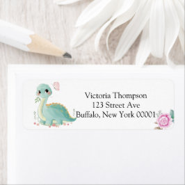 Cute Dinosaur en Pink Peony Baby shower Label