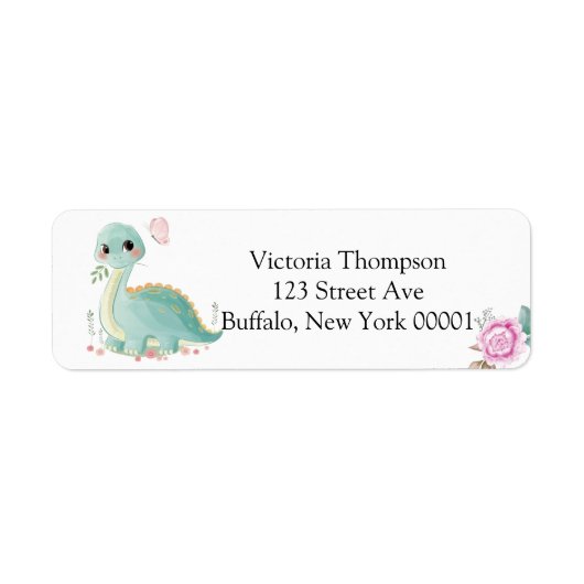 Cute Dinosaur en Pink Peony Baby shower Label (Voorkant)