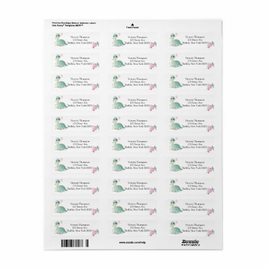 Cute Dinosaur en Pink Peony Baby shower Label (Full Sheet)