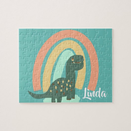 Cute Dinosaur en Rainbow Colorful Kinder Art Legpuzzel (Horizontaal)