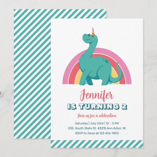 Cute Dinosaur en Rainbow Kinder Dino Birthday Kaart (Voorkant / Achterkant)