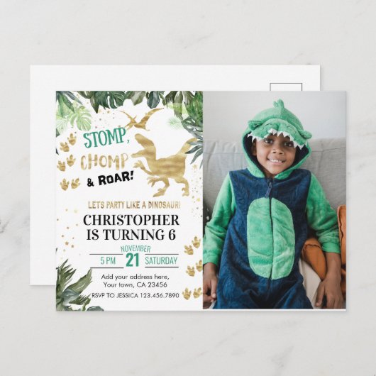 Cute Dinosaur feest Foto Verjaardag Briefkaart (Voorkant / Achterkant)