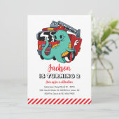 Cute Dinosaur Firefighter Kinder Dino Birthday Kaart (Staand voorkant)