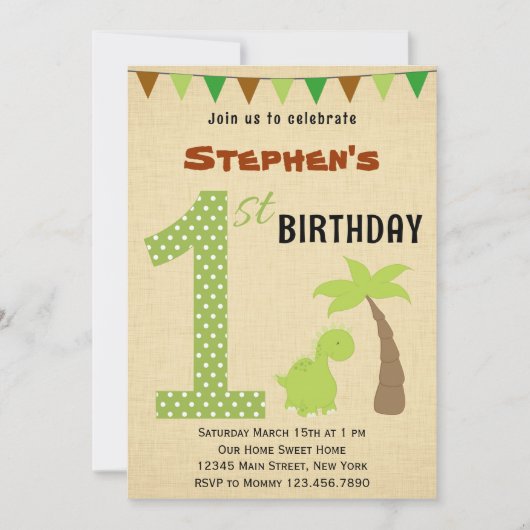 Cute Dinosaur First Birthday Invitation Kaart (Voorkant)