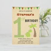 Cute Dinosaur First Birthday Invitation Kaart (Staand voorkant)