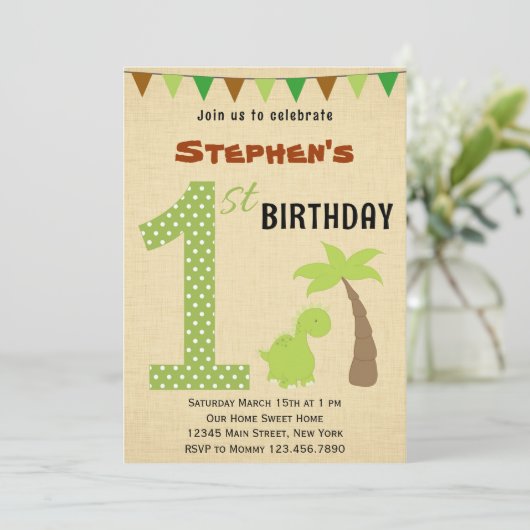 Cute Dinosaur First Birthday Invitation Kaart (Staand voorkant)
